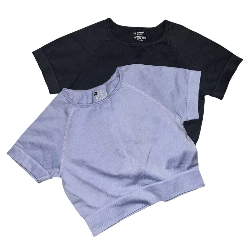 Set of Two Cropped Spandex Workout Tops Sports Tees Lilac and Plum/gray Medium